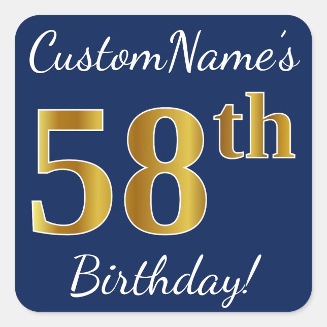 Sticker Carré Blue, Faux Gold 58e anniversaire + Nom personnalis (Devant)