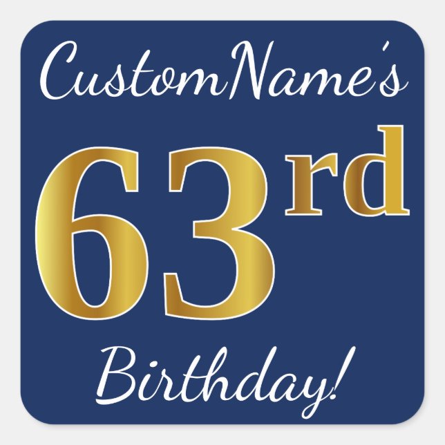 Sticker Carré Blue, Faux Gold 63e anniversaire + Nom personnalis (Devant)