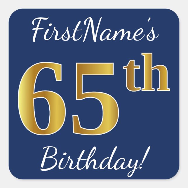Sticker Carré Blue, Faux Gold 65e anniversaire + Nom personnalis (Devant)