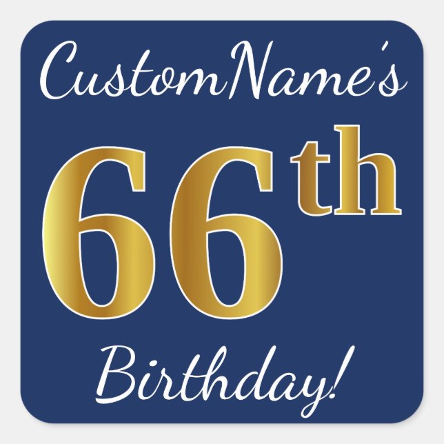 Sticker Carré Blue, Faux Gold 66e anniversaire + Nom personnalis (Devant)