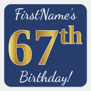 Sticker Carré Blue, Faux Gold 67e anniversaire + Nom personnalis