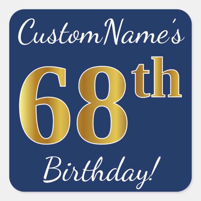 Sticker Carré Blue, Faux Gold 68e anniversaire + Nom personnalis (Devant)