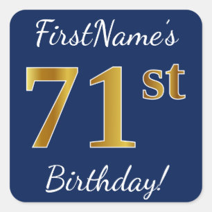 Sticker Carré Blue, Faux Gold 71e anniversaire + Nom personnalis