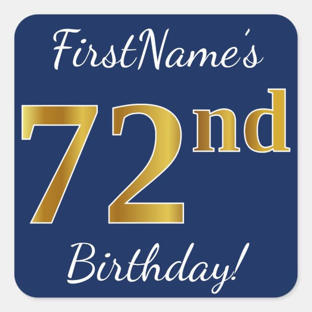 Sticker Carré Blue, Faux Gold 72e anniversaire + Nom personnalis (Devant)