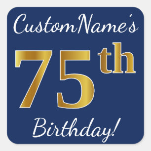 Sticker Carré Blue, Faux Gold 75e anniversaire + Nom personnalis