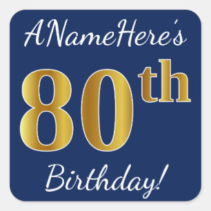 Sticker Carré Blue, Faux Gold 80e anniversaire + Nom personnalis