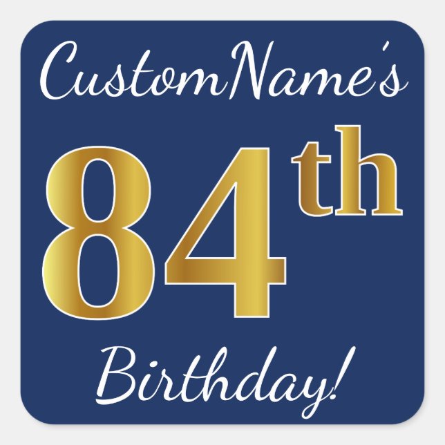 Sticker Carré Blue, Faux Gold 84e anniversaire + Nom personnalis (Devant)