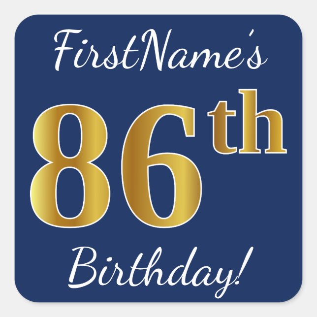 Sticker Carré Blue, Faux Gold 86e anniversaire + Nom personnalis (Devant)