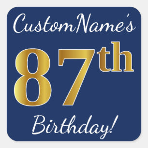 Sticker Carré Blue, Faux Gold 87e anniversaire + Nom personnalis