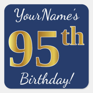 Sticker Carré Blue, Faux Gold 95e anniversaire + Nom personnalis