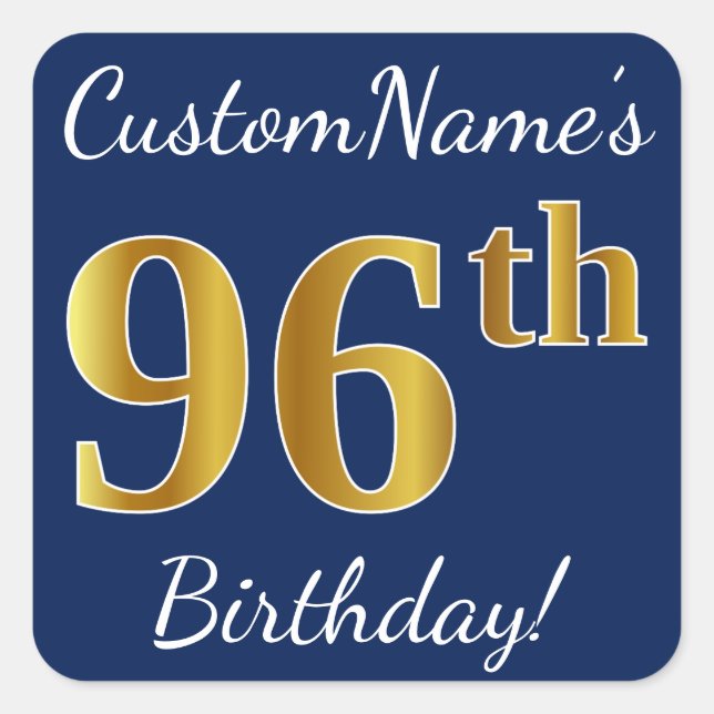 Sticker Carré Blue, Faux Gold 96e anniversaire + Nom personnalis (Devant)