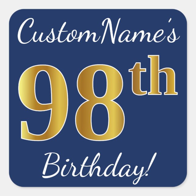 Sticker Carré Blue, Faux Gold 98e anniversaire + Nom personnalis (Devant)