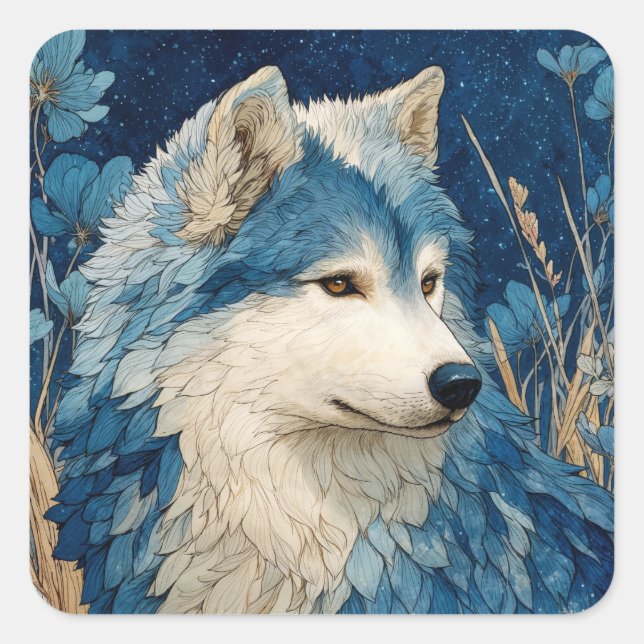 Sticker Carré Blue Floral Wolf Profile with Golden Wheat Stars (Devant)