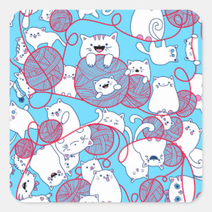 Sticker Carré Blue Funny mignonne Tricot Kitten Ball