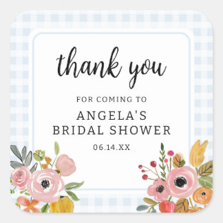 Sticker Carré Blue Gingham and Flowers Bridal Shower Thank You