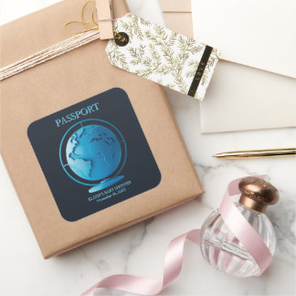 Sticker Carré Blue Globe Passport Travel Baby Shower