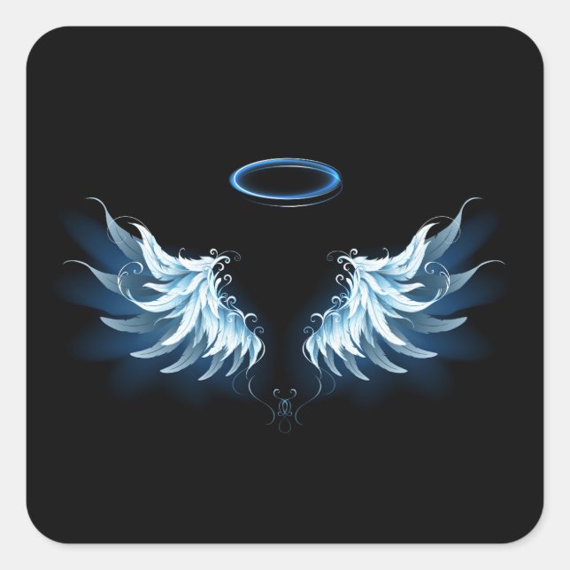 Sticker Carré Blue Glowing Angel Wings on black background (Devant)
