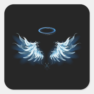 Sticker Carré Blue Glowing Angel Wings on black background