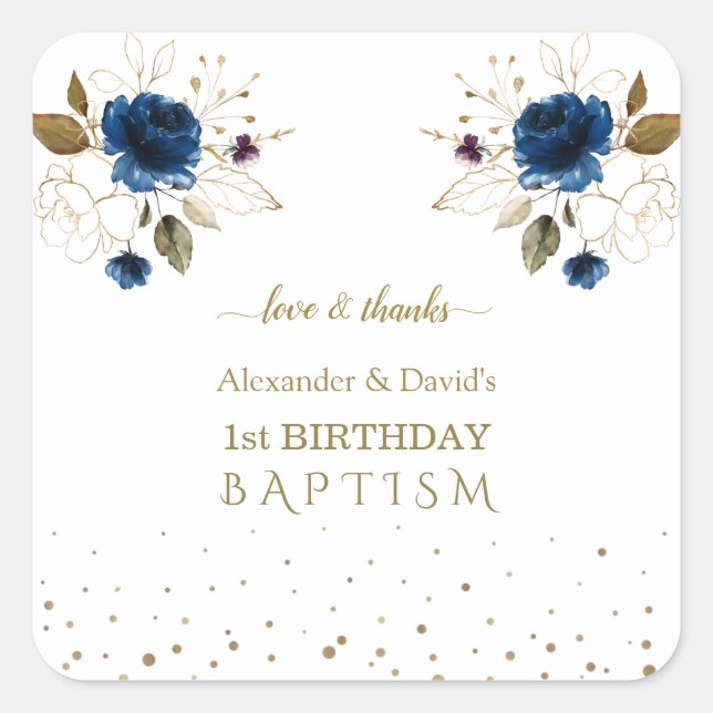 Sticker Carré Blue Gold Flowers garçons jumeaux 1er anniversaire (Devant)