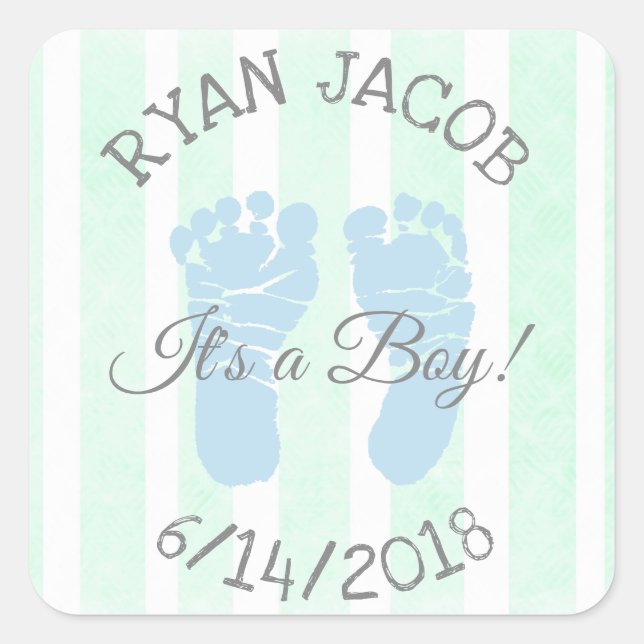 Sticker Carré Blue Green C'est un garçon Footprints Baby shower (Devant)