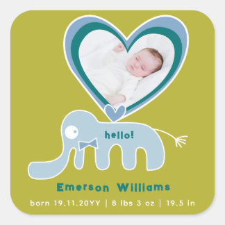 Sticker Carré Blue Green Elephant Baby Boy Faire-part de naissan