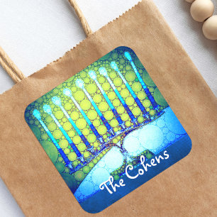 Sticker Carré Blue Green Hanoukka Menorah Ajouter Votre Nom Scri