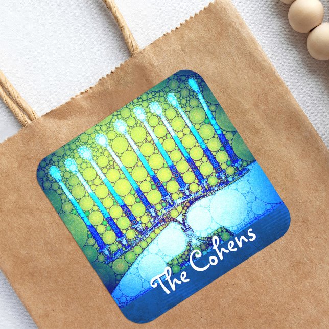 Sticker Carré Blue Green Hanoukka Menorah Ajouter Votre Nom Scri (Créateur téléchargé)