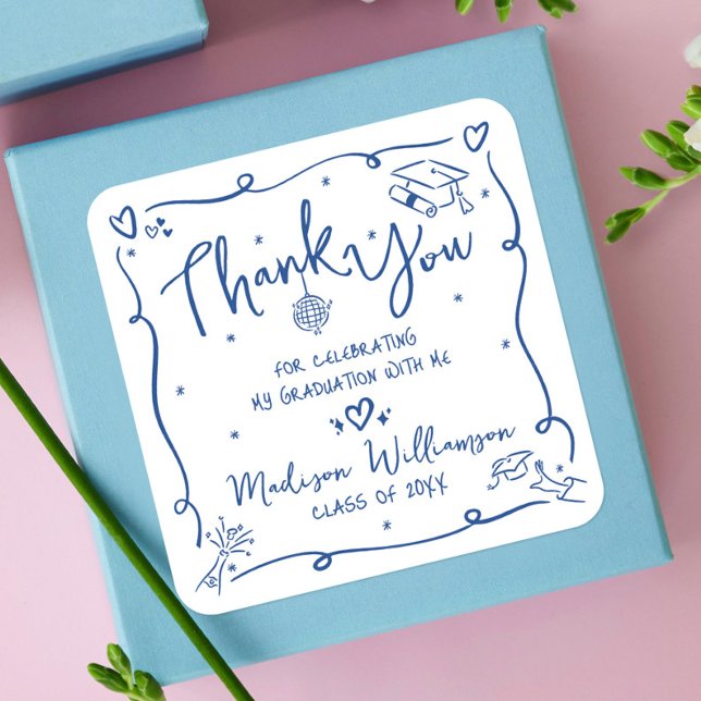 Sticker Carré Blue Hand Drawn Doodles Graduation Thank You White (Créateur téléchargé)