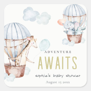 Sticker Carré Blue Hot Air Balloon Safari Animaux Baby shower