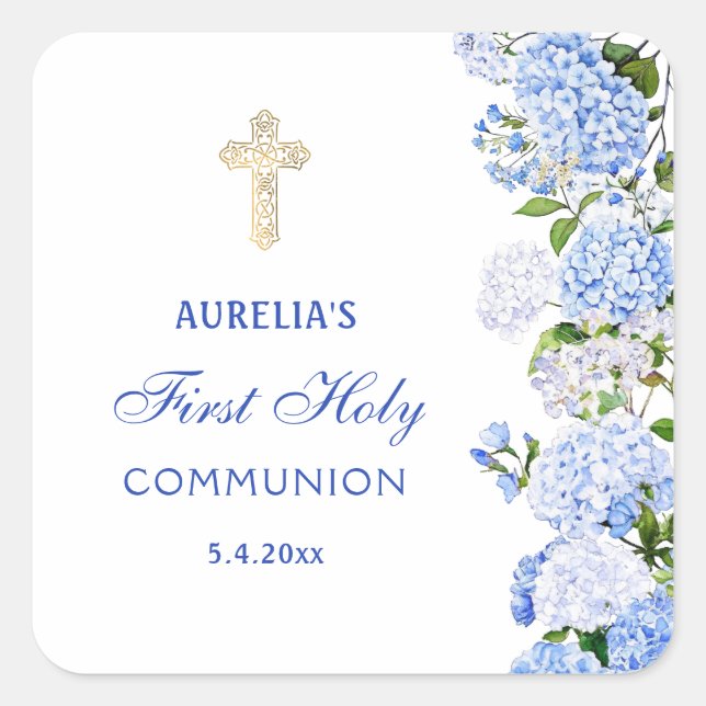 Sticker Carré Blue Hydrangea First Communion (Devant)