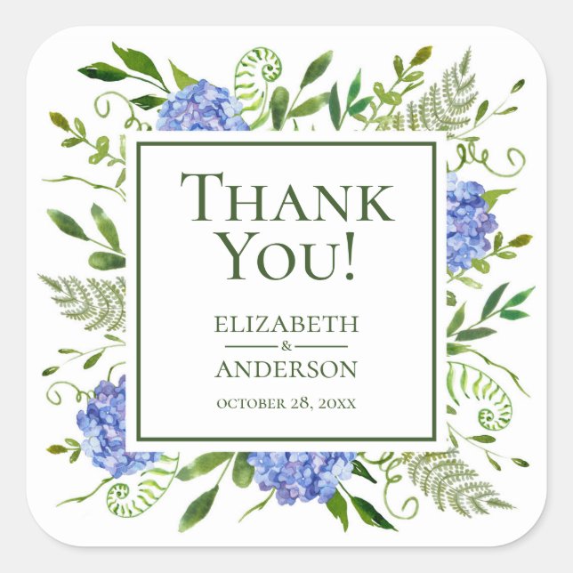 Sticker Carré Blue Hydrangeas Floral Mariage Merci (Devant)