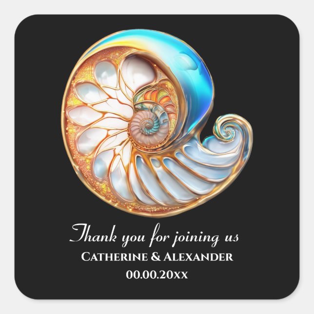 Sticker Carré Blue Ivory Shell Coastal Wedding Thank You (Devant)