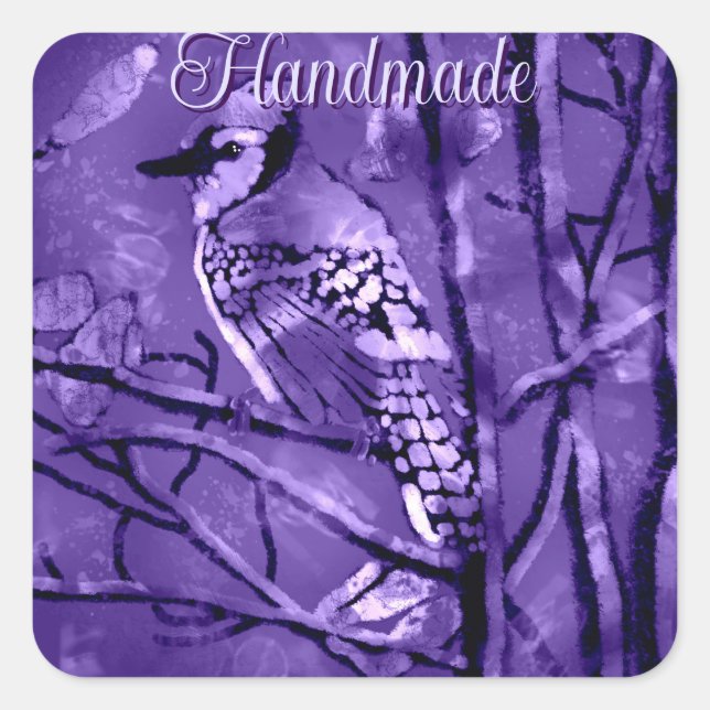 Sticker Carré Blue Jay Bird on Tree Branch Handmade (Devant)