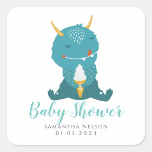 Sticker Carré Blue Little Monster baby shower Classic Round Stic