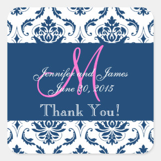 Sticker Carré Blue Mariage damassé privilégie le Merci