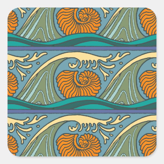 Sticker Carré Blue Ocean Waves Nautilus Seashell Motif Nouveau (Devant)