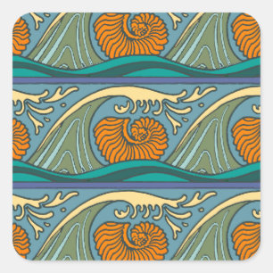 Sticker Carré Blue Ocean Waves Nautilus Seashell Motif Nouveau