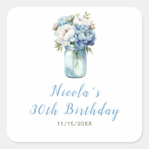 Sticker Carré Blue Peonies Mason Jar Anniversaire
