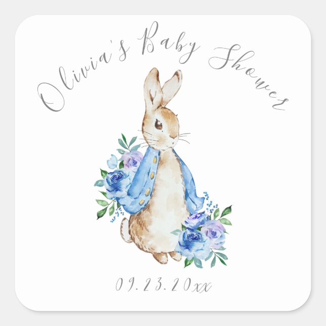 Sticker Carré Blue Peter Rabbit Floral Boy Baby shower (Devant)