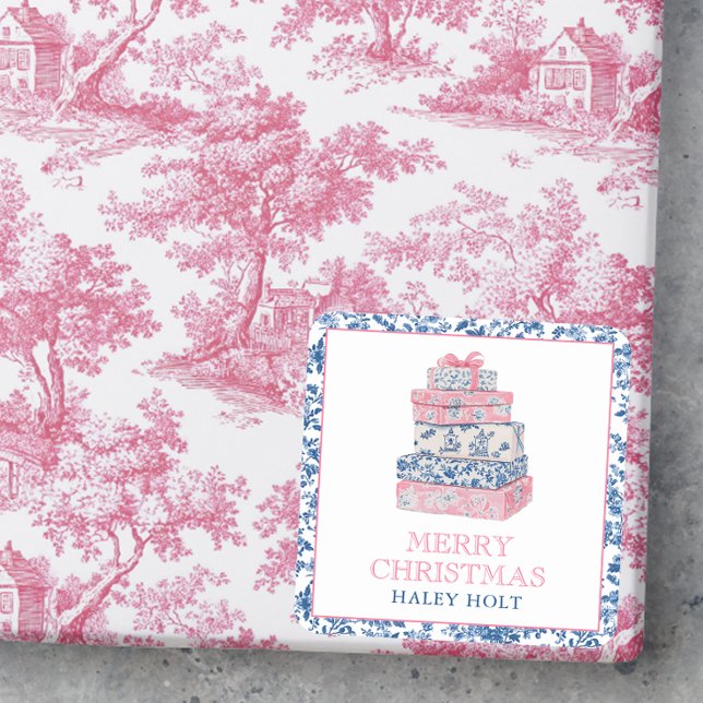 Sticker Carré Blue & Pink Chinoiserie Toile Cadeaux de Noël (Créateur téléchargé)