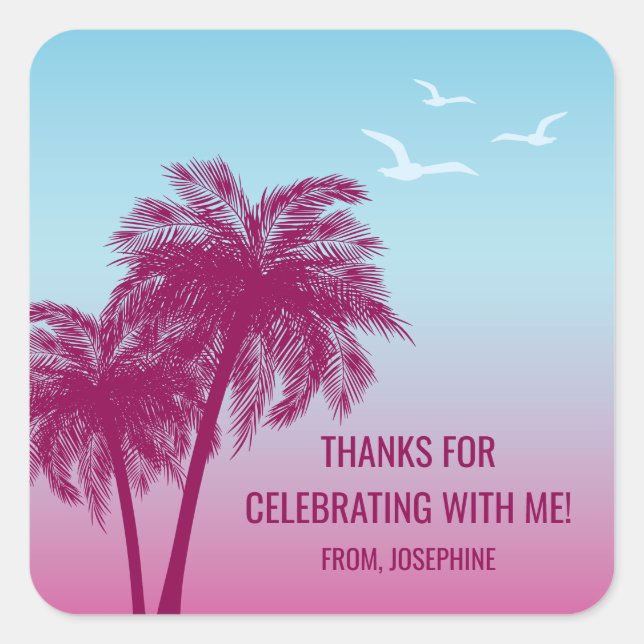 Sticker Carré Blue Pink Tropical Palm Trees Birthday Thank You (Devant)