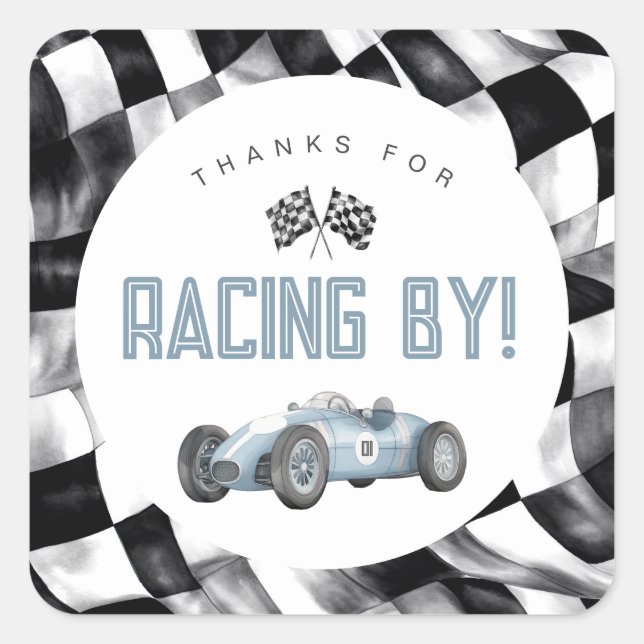 Sticker Carré Blue Race Car Fast Un 1er anniversaire fête (Devant)