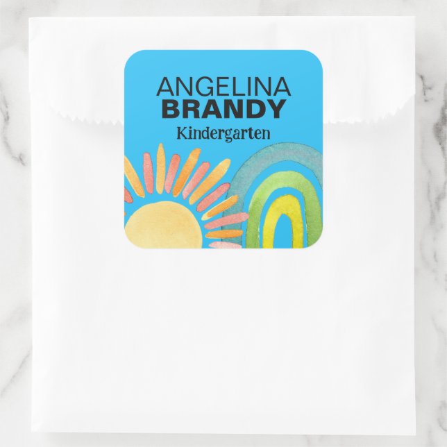 Sticker Carré Blue Rainbow et le soleil Premier jour de l'école  (Sac)
