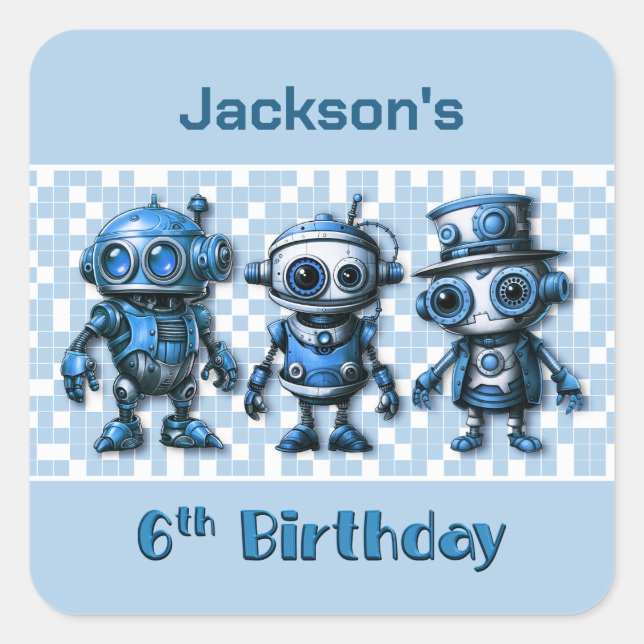 Sticker Carré Blue Robot Thème 6ème anniversaire Invitation (Devant)