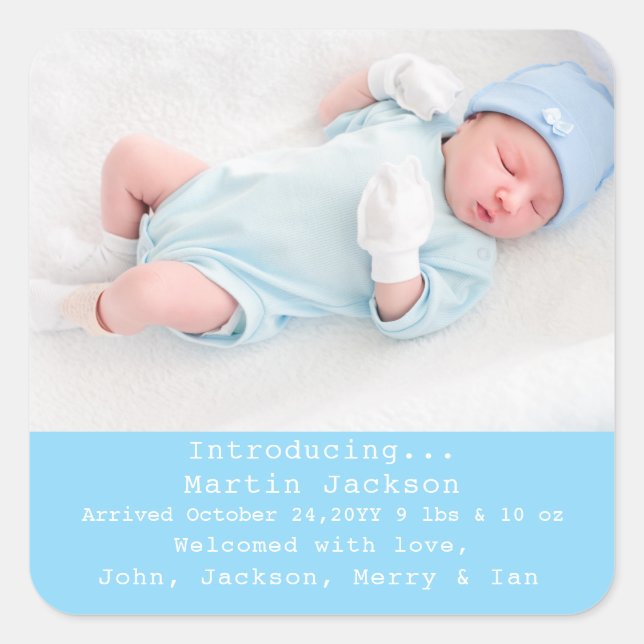 Sticker Carré Blue Script Sweet Modern Boy Photo de naissance (Devant)