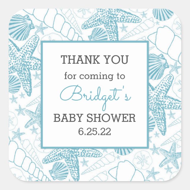 Sticker Carré Blue Sea Shells baby shower merci (Devant)