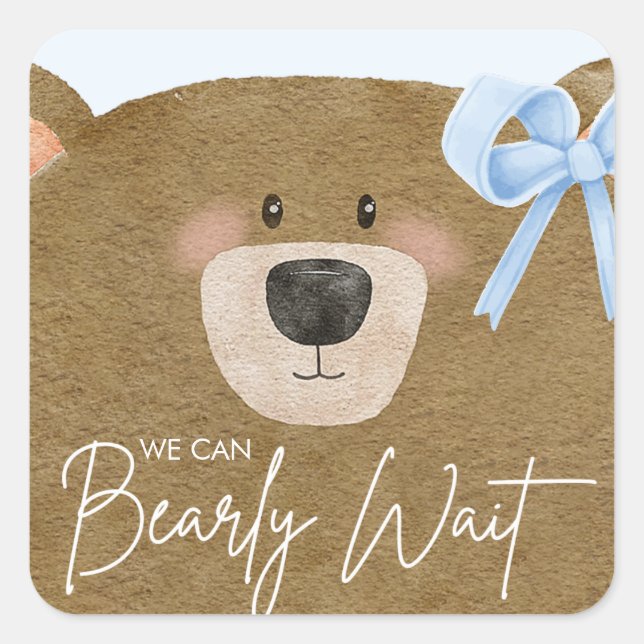Sticker Carré Blue Teddy On Peut Attendre Un Baby shower Garçon (Devant)