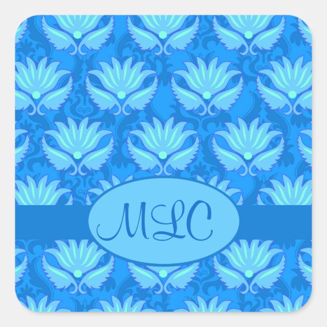 Sticker Carré Blue Turquoise Art Nouveau Damask Monogramme (Devant)