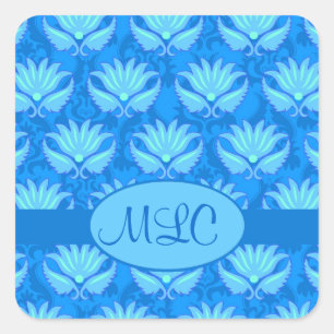 Sticker Carré Blue Turquoise Art Nouveau Damask Monogramme
