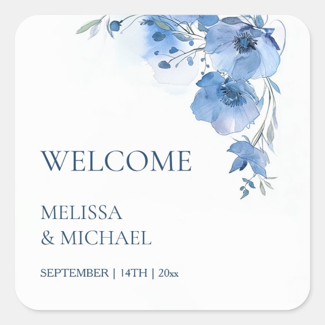 Sticker Carré Blue Watercolor Flowers Wedding Welcome (Devant)